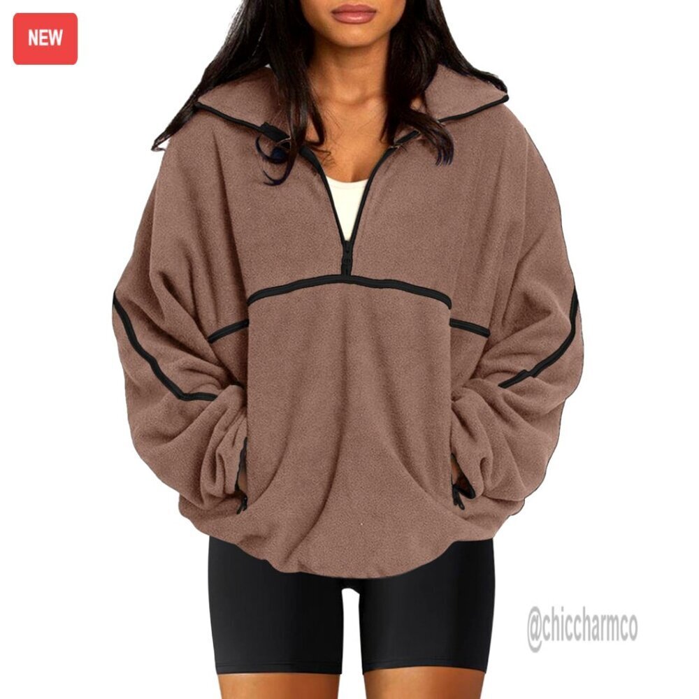 Oversized Half Zip Pullover Sherpa Fleece Jacket Cozy Warm Fuzzy Sweater